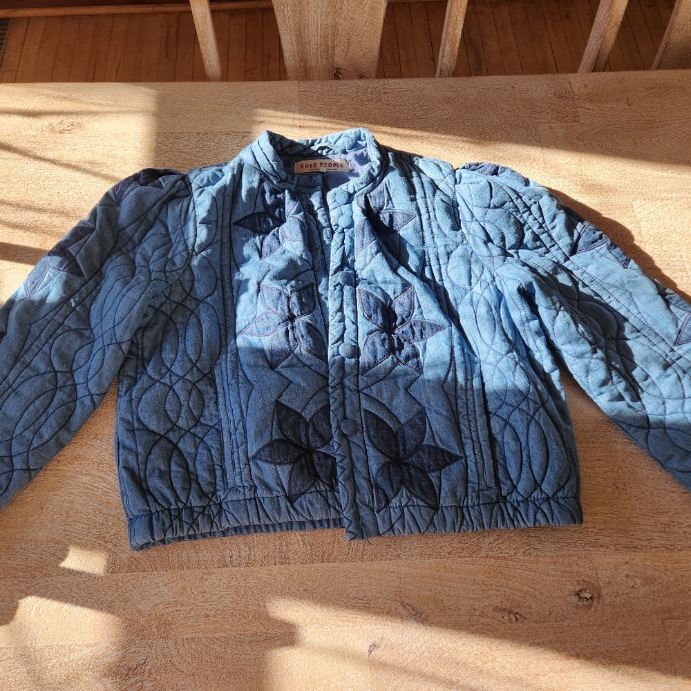 free people cotton embroidered blue jacket large